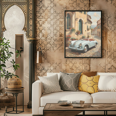 Italian village car painting displayed in modern living room with white sofa and decorative pillows