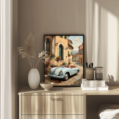 Italian village car painting digital artwork by AquilVision displayed on a dresser in a sunlit room