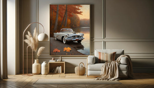 vintage car lake print showing a classic car parked by a serene lake with autumn trees in the background