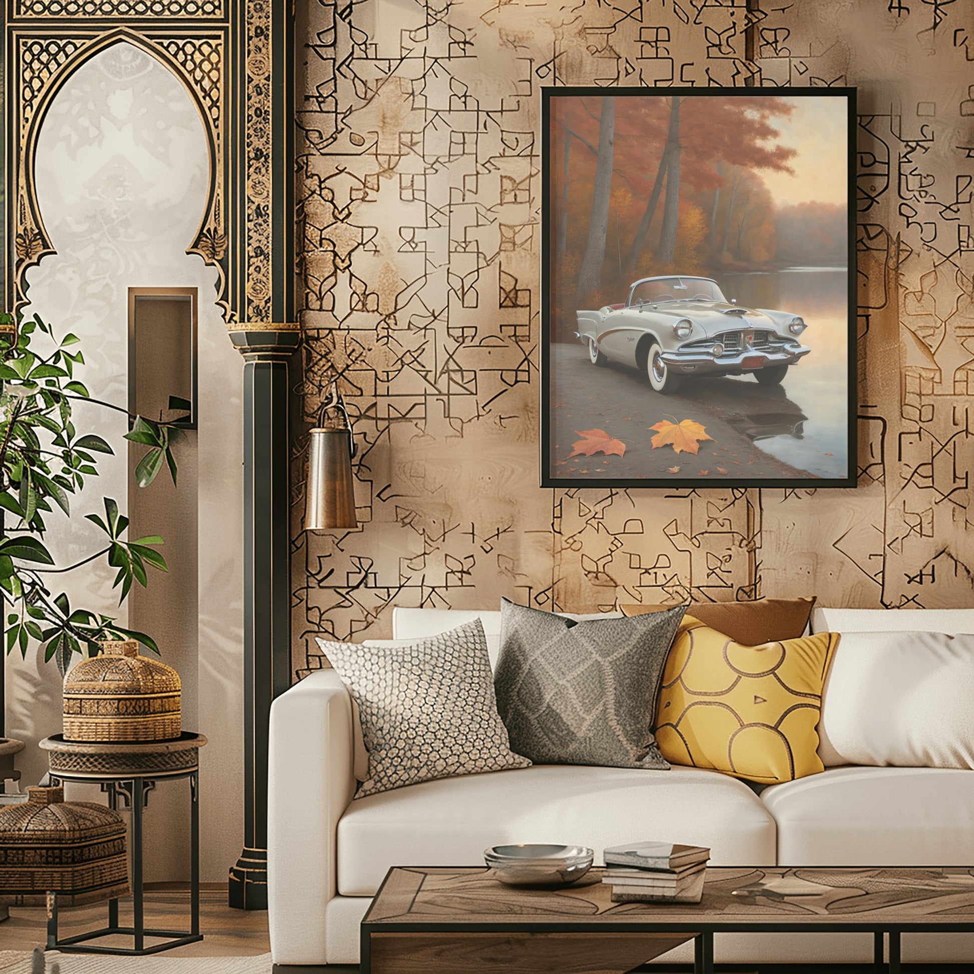 Vintage car lake print wall art by AquilVision hanging above white sofa with decorative pillows