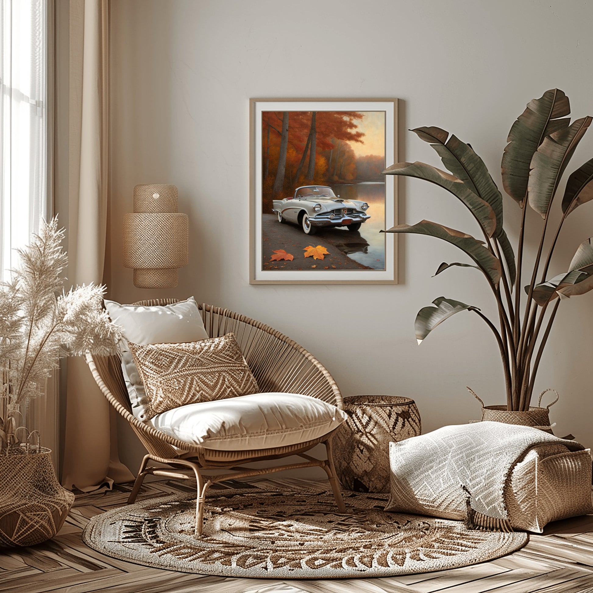 Vintage car lake print on wall in cozy modern living room with natural light and wicker furniture