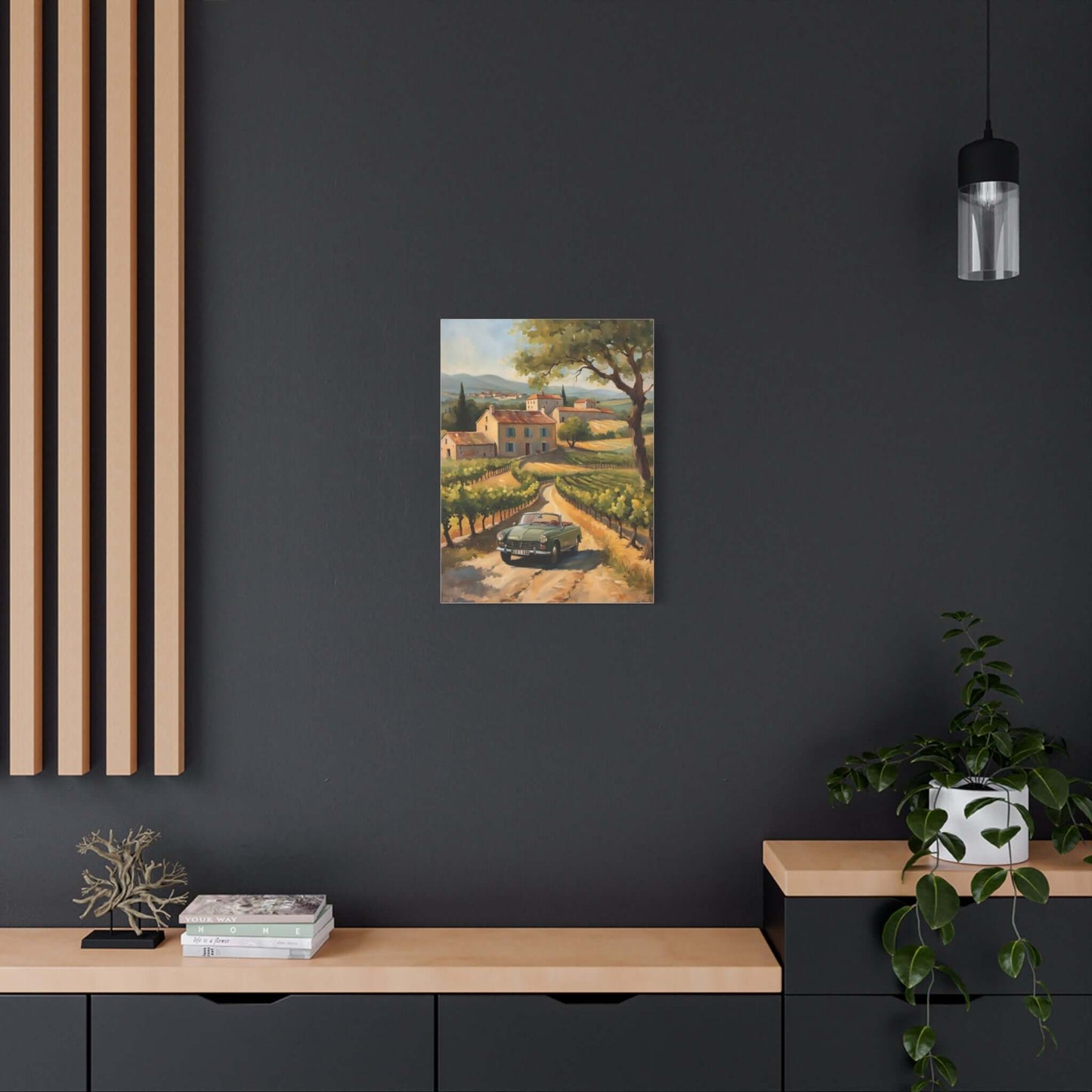 Vintage car landscape canvas art featuring a classic car on a scenic vineyard road