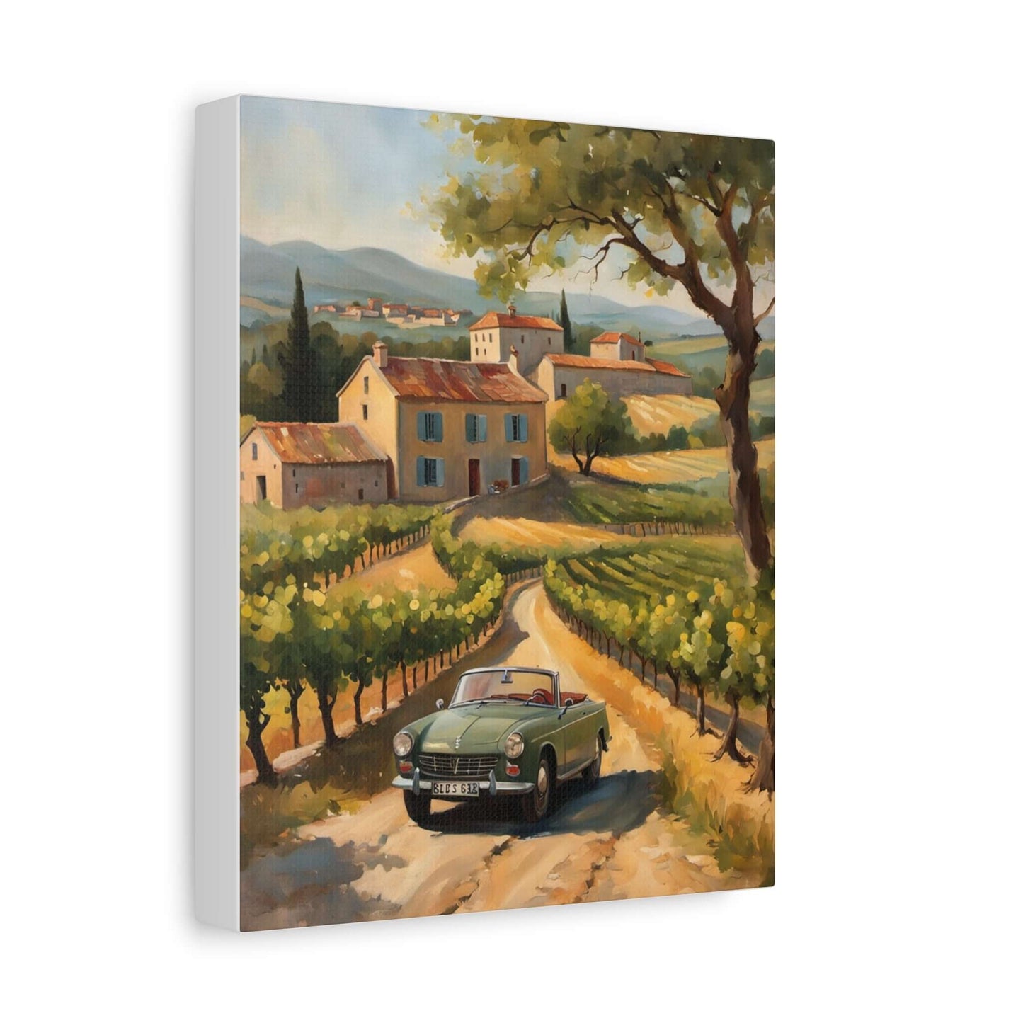 Vintage car landscape canvas art depicting a green car driving through a sunny vineyard scene