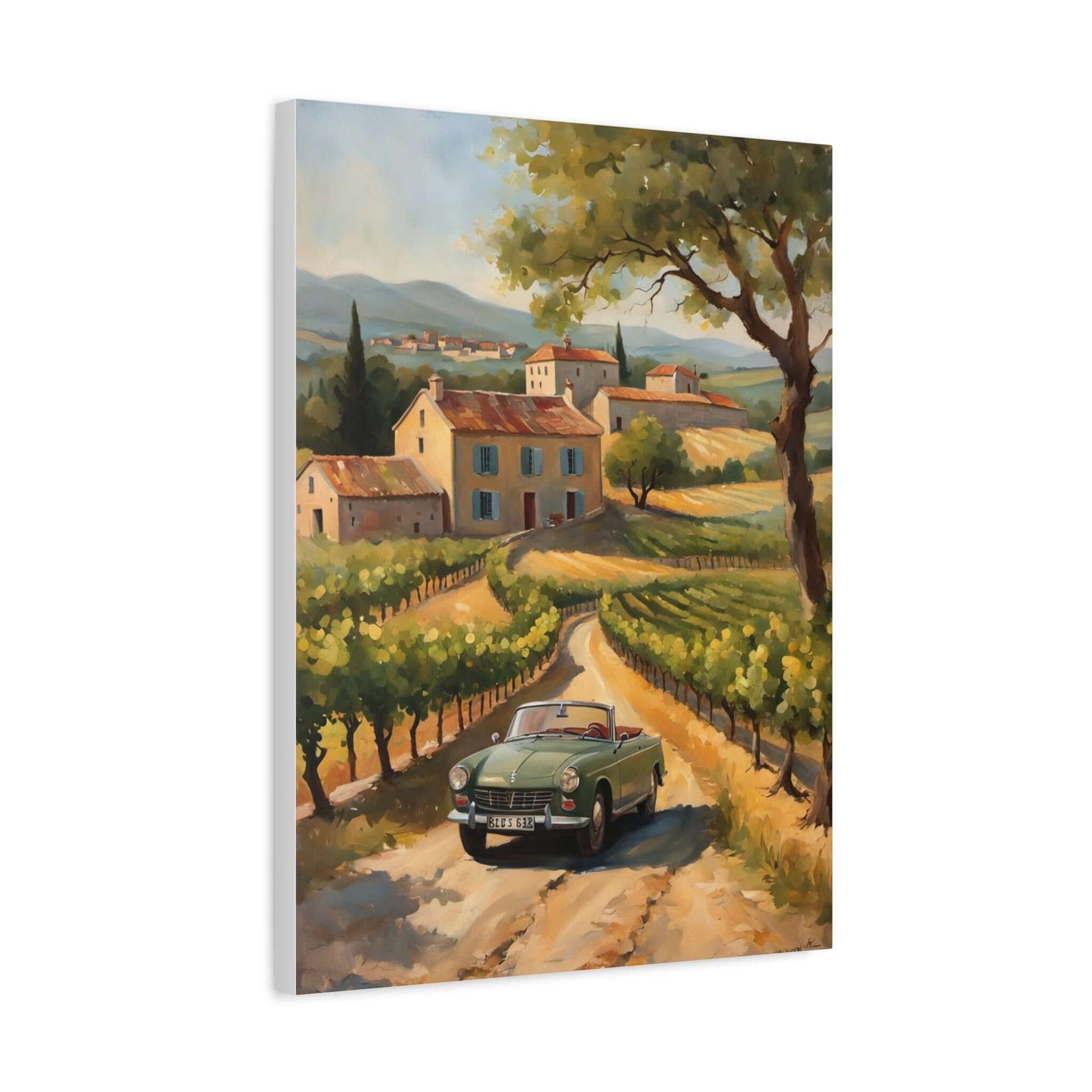 Vintage car landscape canvas art featuring a classic car on a scenic country road