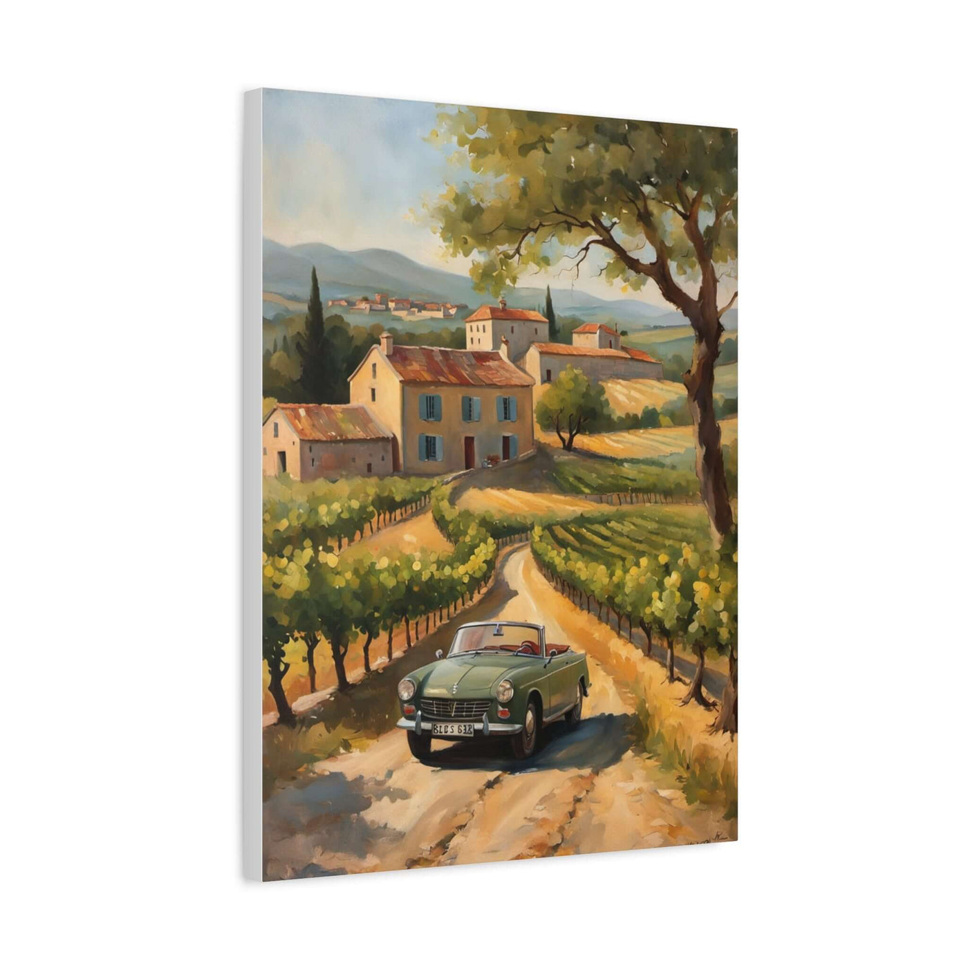 Vintage car landscape canvas art featuring a classic car on a scenic country road