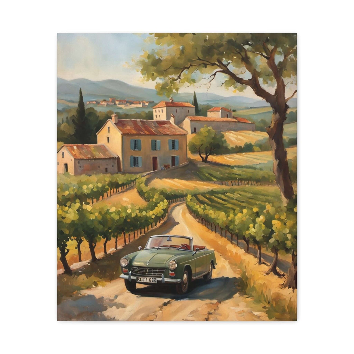 Vintage car landscape canvas art featuring a classic convertible driving through vineyards