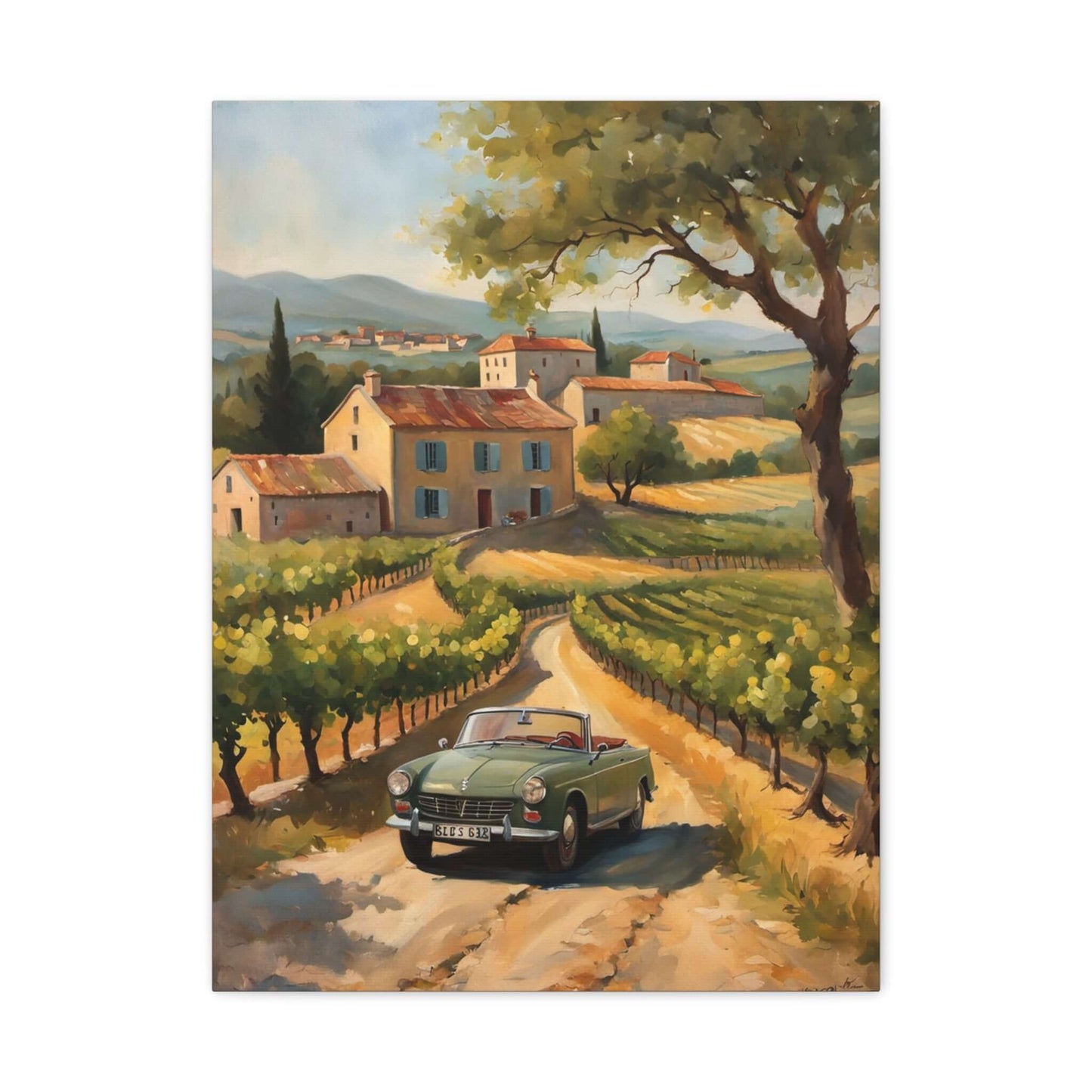 Vintage car landscape canvas art featuring a classic convertible on a scenic vineyard road