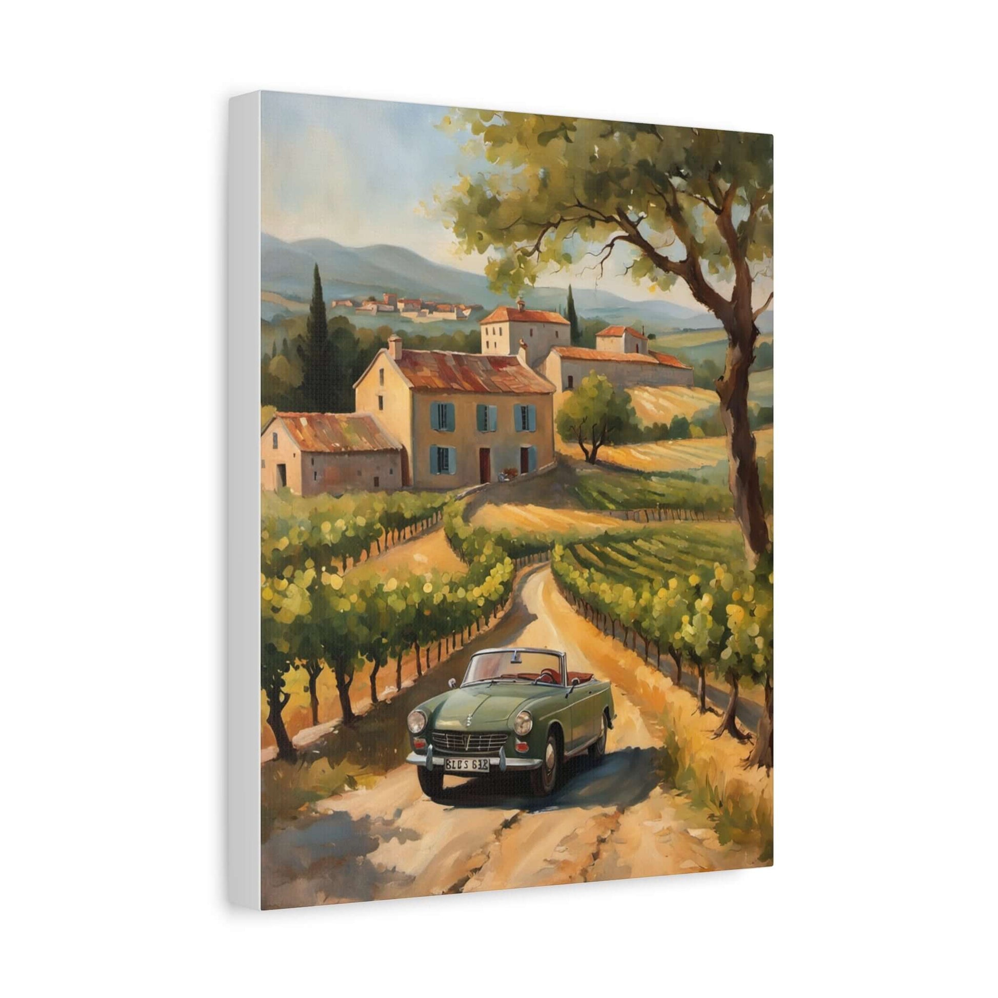 Vintage car landscape canvas art featuring a green car driving through a vineyard with picturesque hills