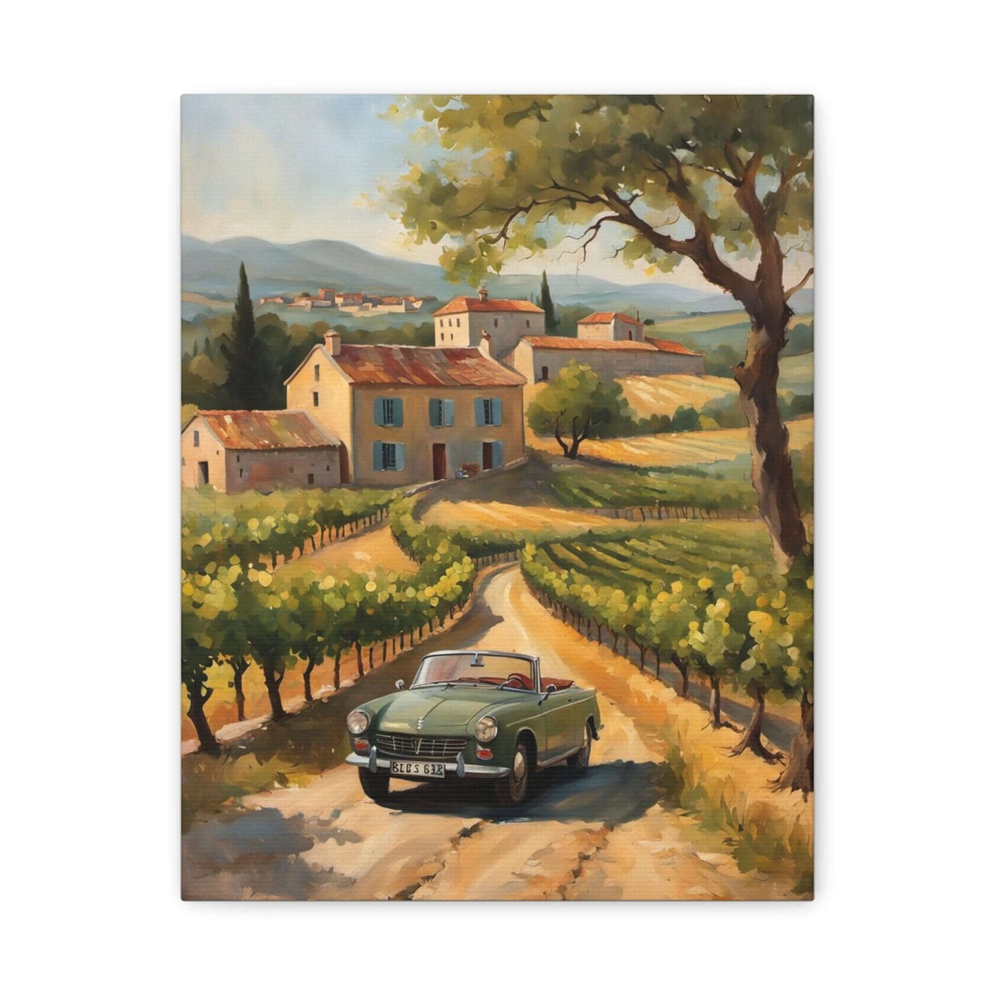 Vintage car landscape canvas art featuring a classic green car on a scenic vineyard road