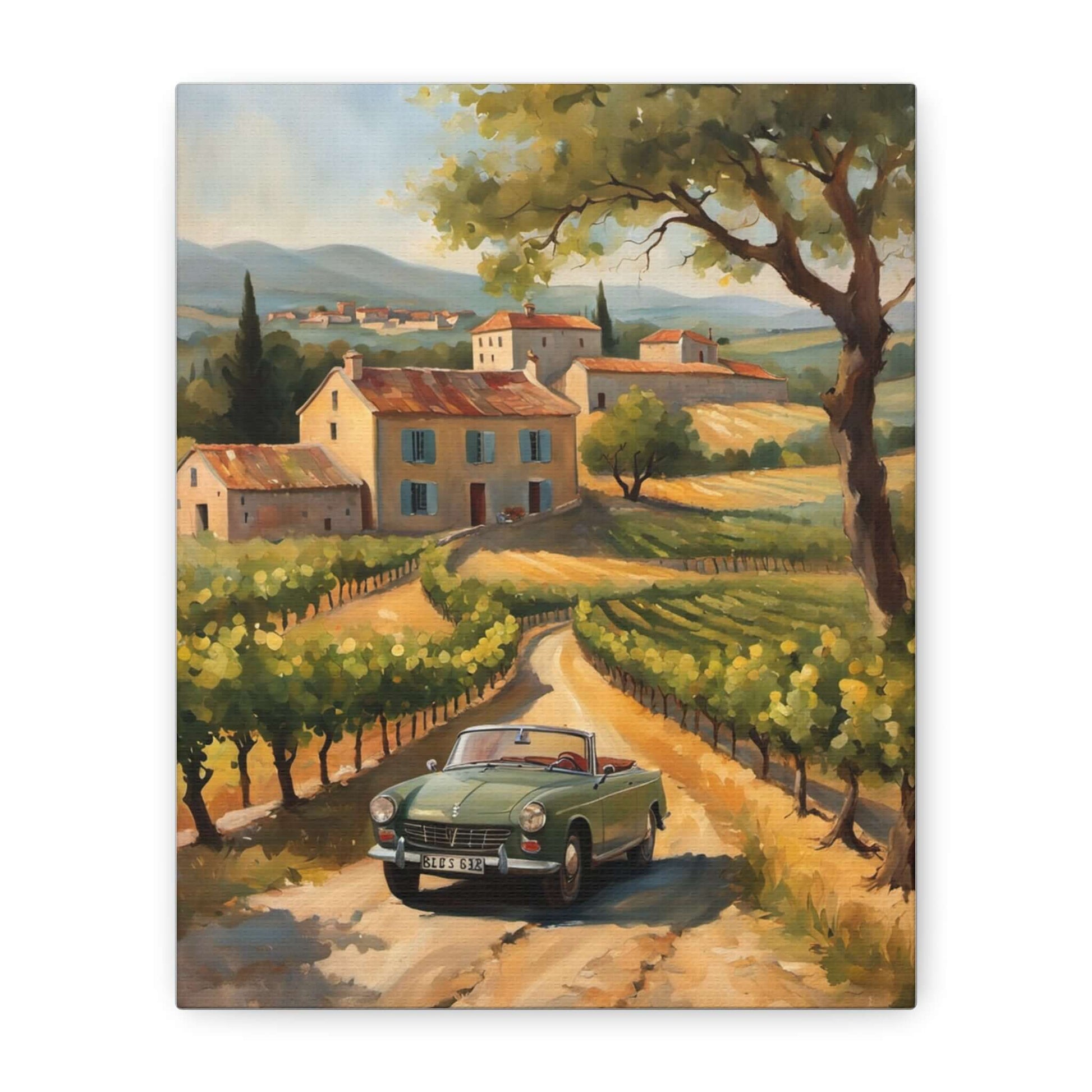Vintage car landscape canvas art featuring a green convertible on a scenic vineyard road