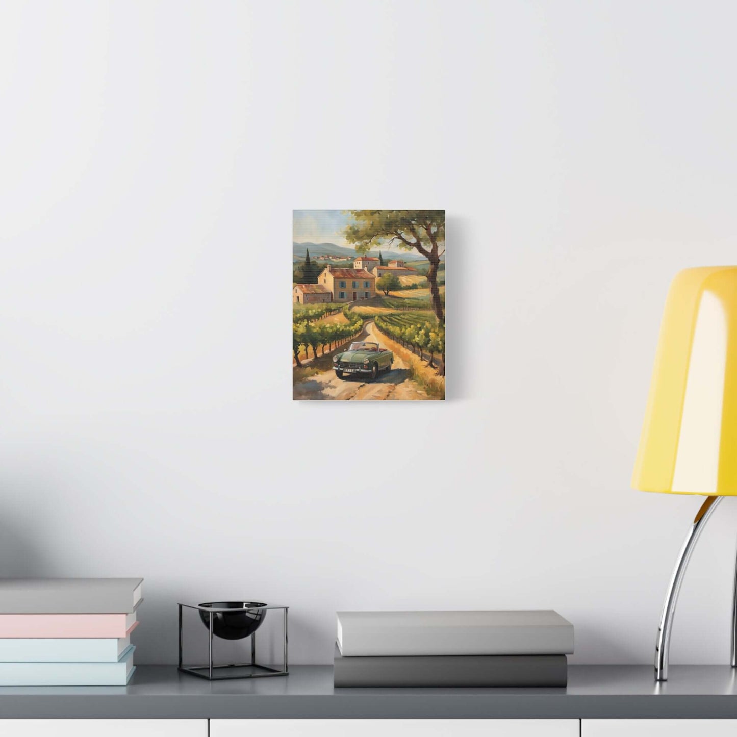 Vintage car landscape canvas art featuring a scenic drive through vineyards under a clear sky