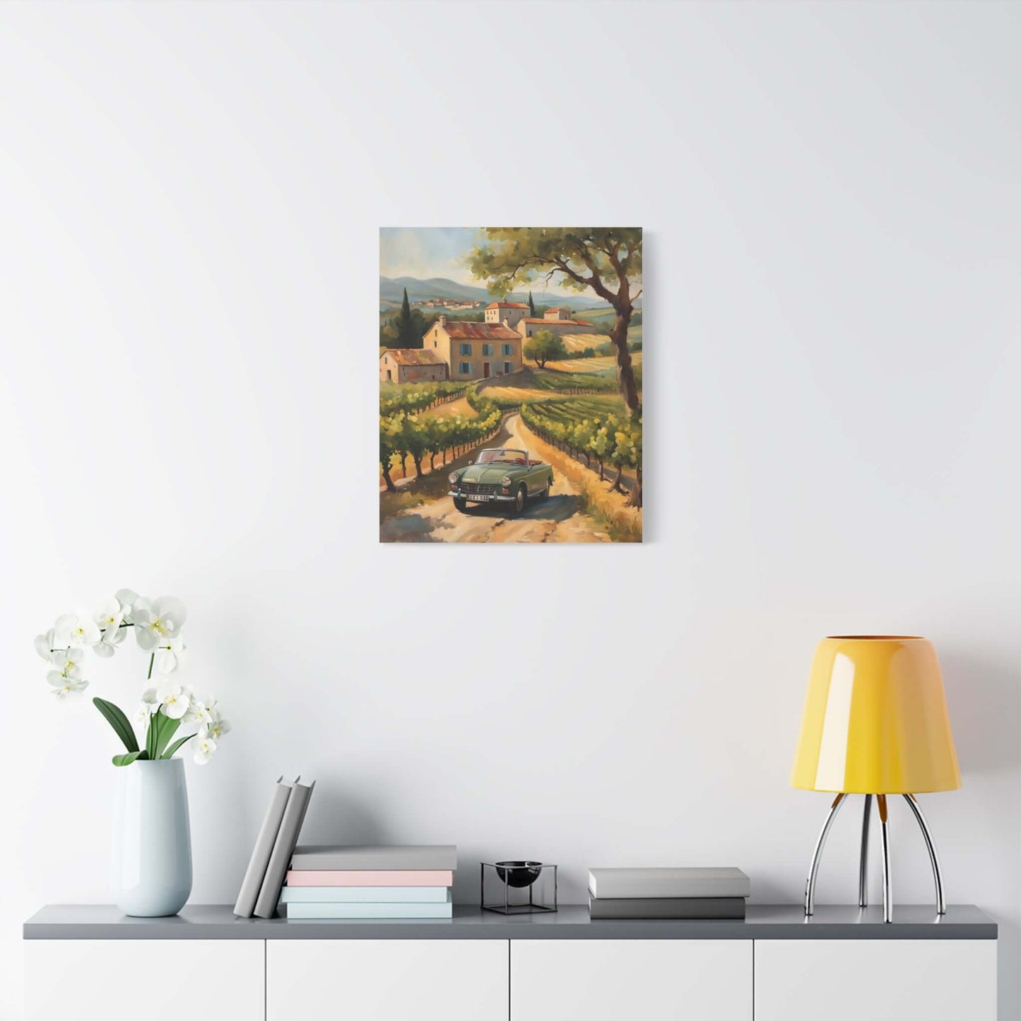 Vintage car landscape canvas art featuring a scenic vineyard with a classic car on a country road