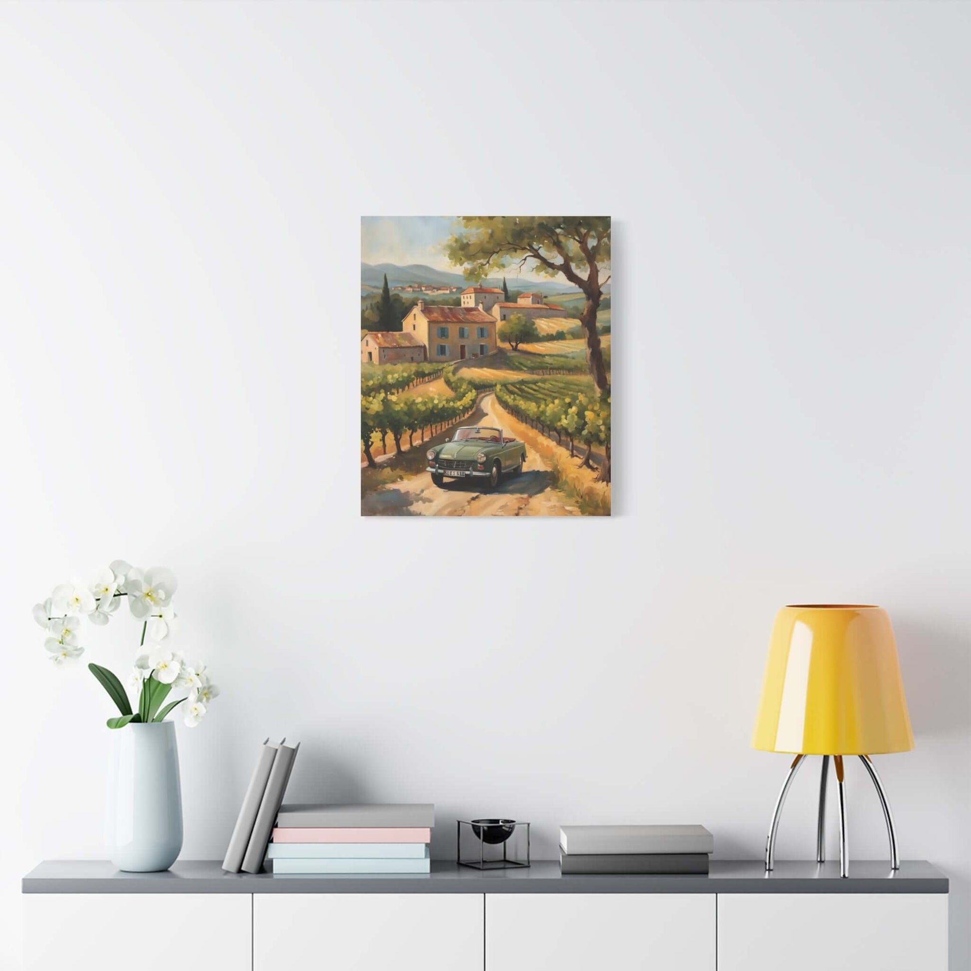 Vintage car landscape canvas art featuring a scenic vineyard with a classic car on a country road