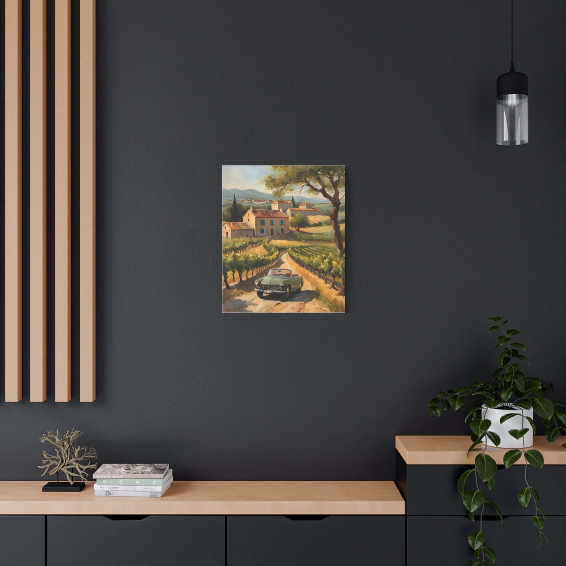 Vintage car landscape canvas art featuring a scenic vineyard and classic vehicle on a stylish wall