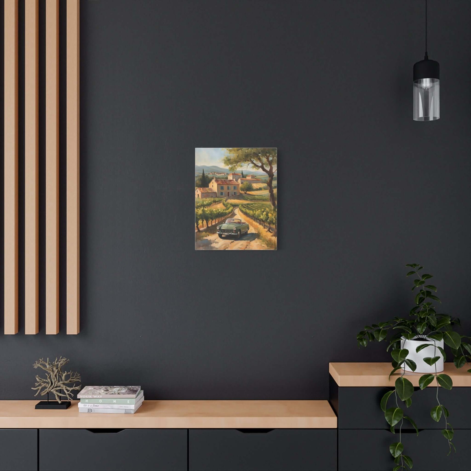 Vintage car landscape canvas art featuring a scenic countryside view with a classic car