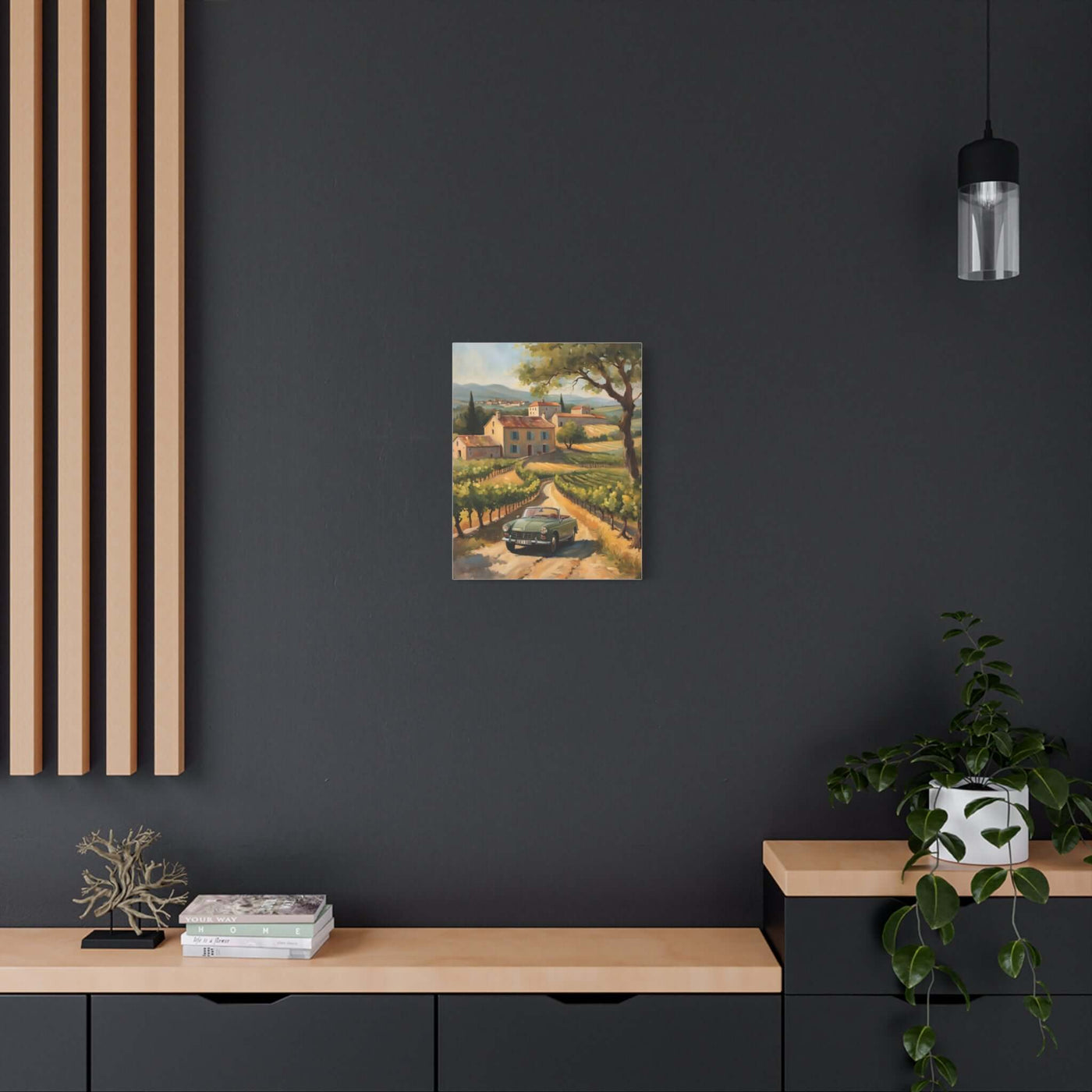 Vintage car landscape canvas art featuring a scenic countryside view with a classic car