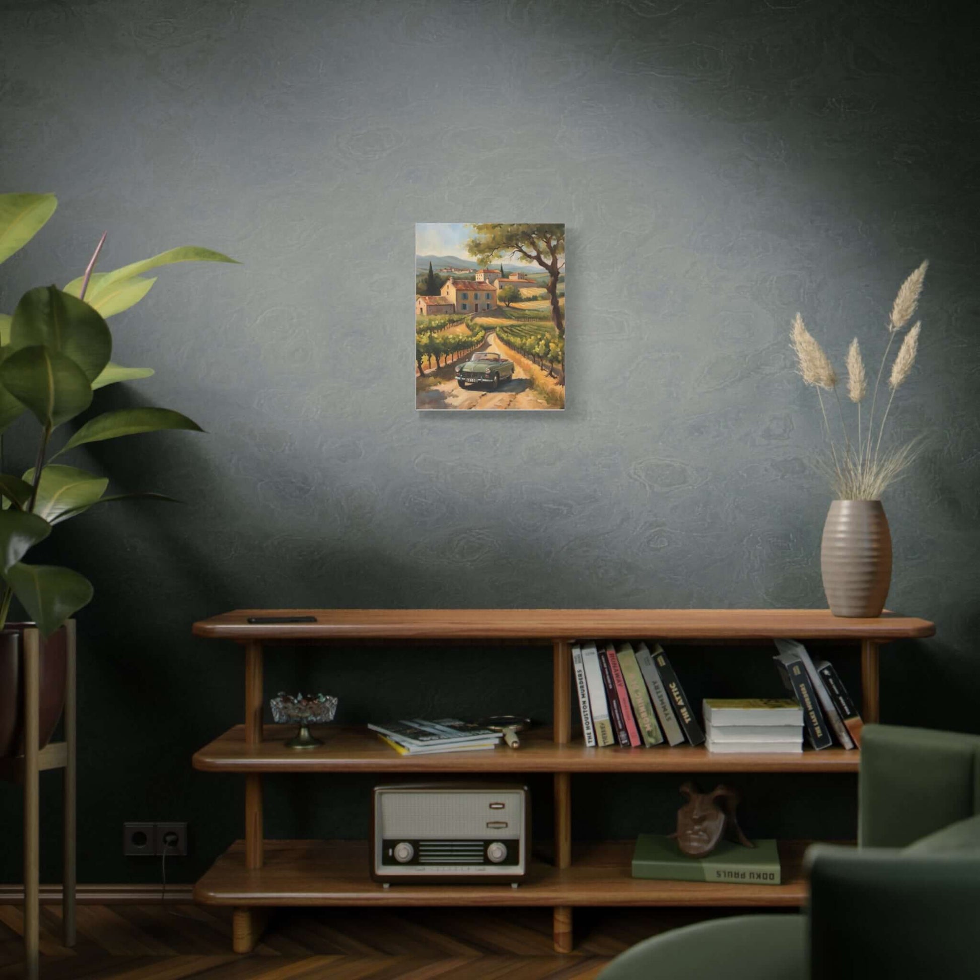 Vintage car landscape canvas art displayed on a modern wooden shelf with green plants