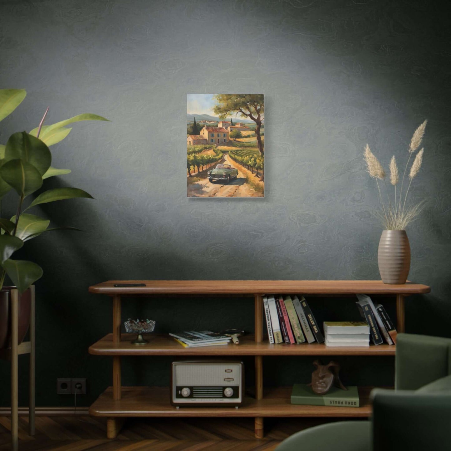Vintage car landscape canvas art featuring a scenic view of a countryside with a classic car