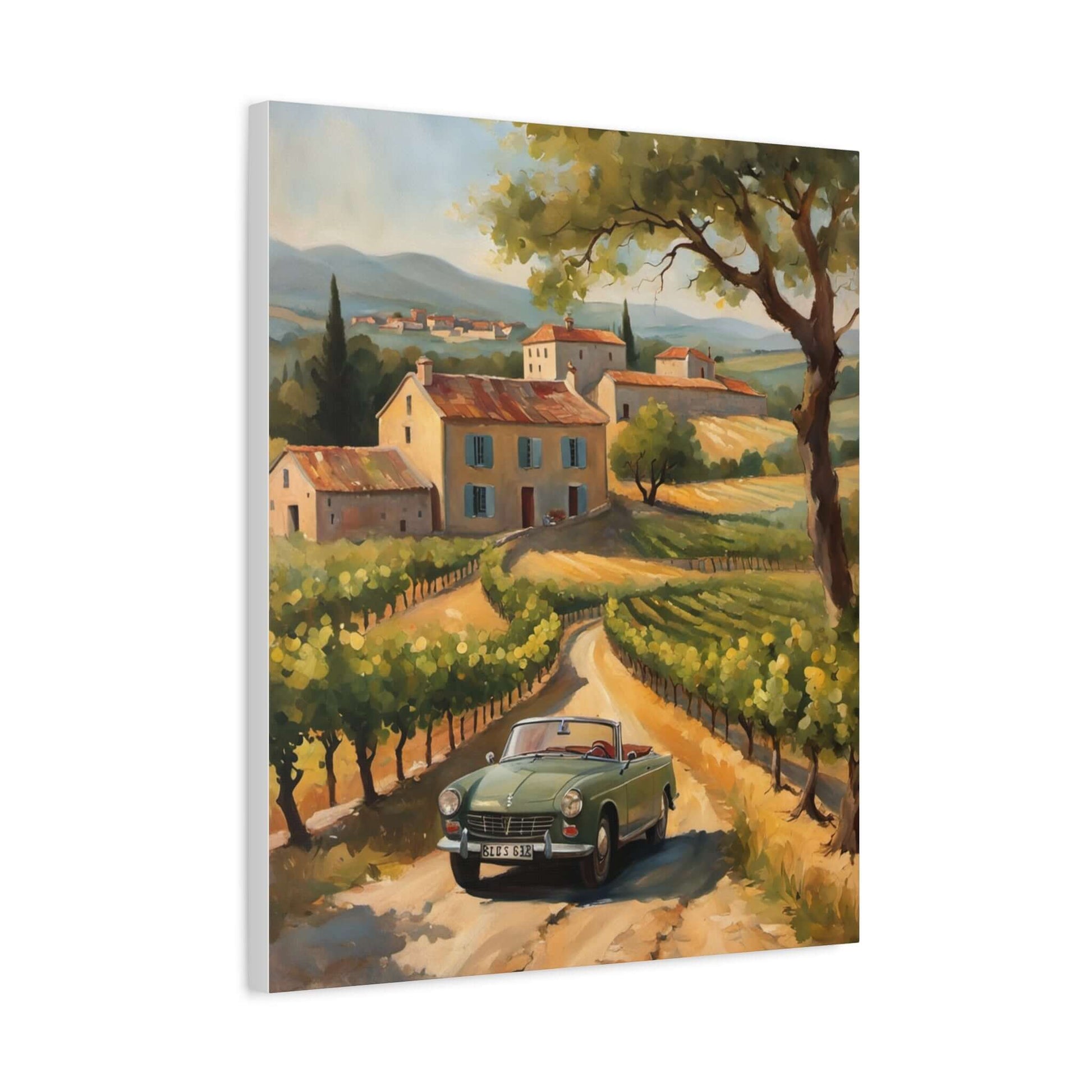 Vintage car landscape canvas art featuring a green car on a winding road through vineyards
