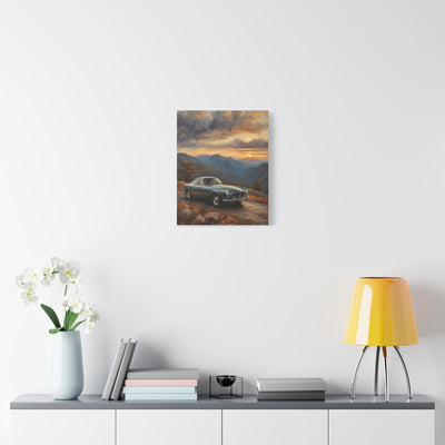 Vintage Car Landscape Canvas featuring a classic car against a scenic mountain backdrop
