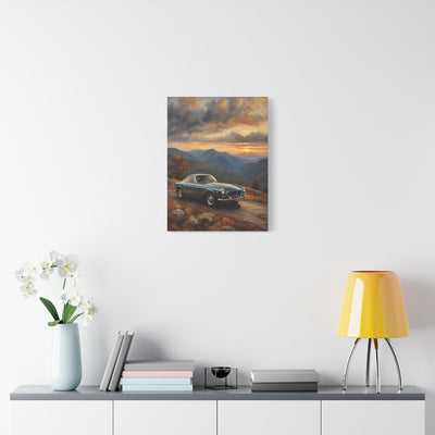 Vintage Car Landscape Canvas featuring a classic car on a mountain overlook at sunset
