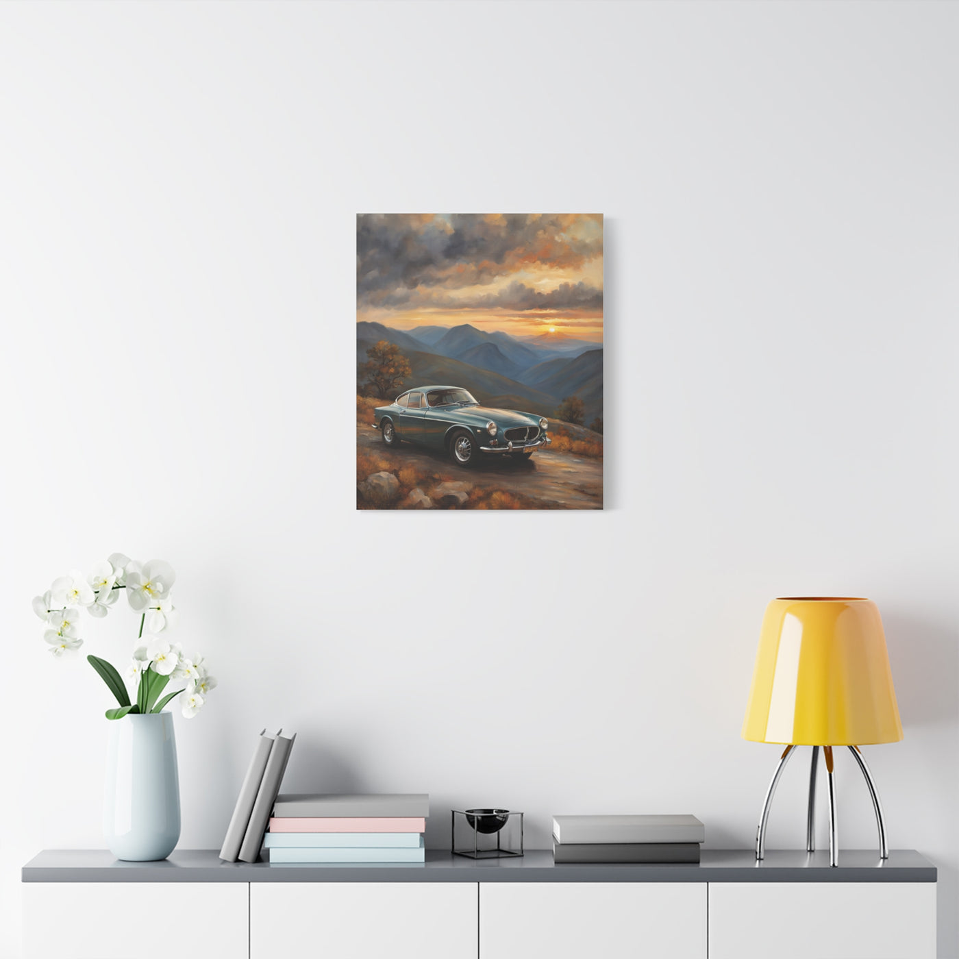 Vintage Car Landscape Canvas featuring a nostalgic car against a scenic mountain backdrop at sunset