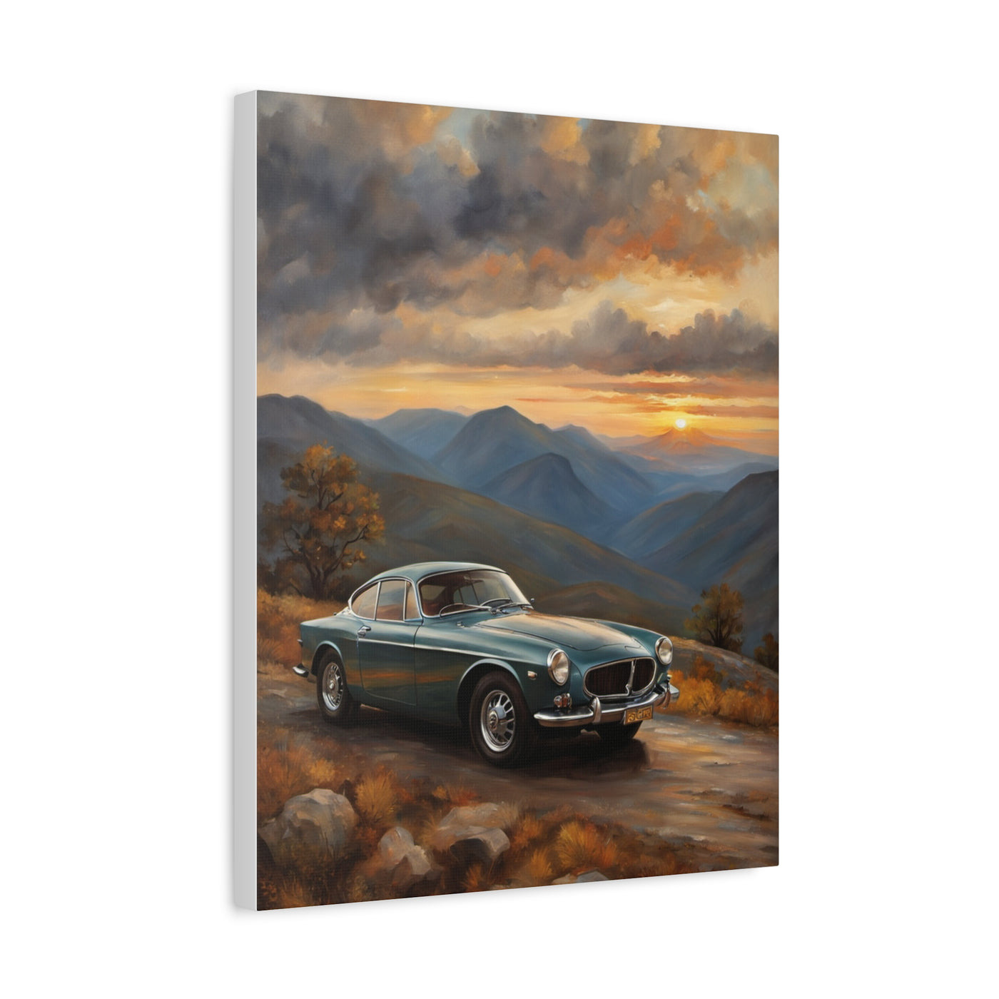 Vintage Car Landscape Canvas featuring a classic car against a stunning mountain sunset backdrop
