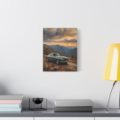 Vintage Car Landscape Canvas featuring a classic car against a mountain sunset backdrop