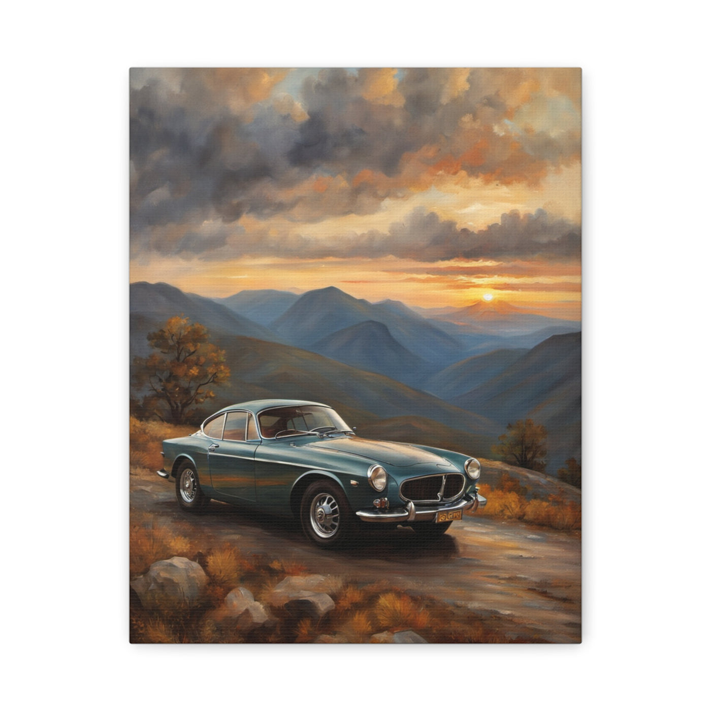 Vintage Car Landscape Canvas featuring a classic car against a breathtaking sunset and mountain backdrop