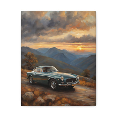 Vintage Car Landscape Canvas featuring a classic car against a breathtaking sunset and mountain backdrop