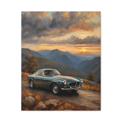 Vintage Car Landscape Canvas depicting a classic car on a scenic mountain road at sunset