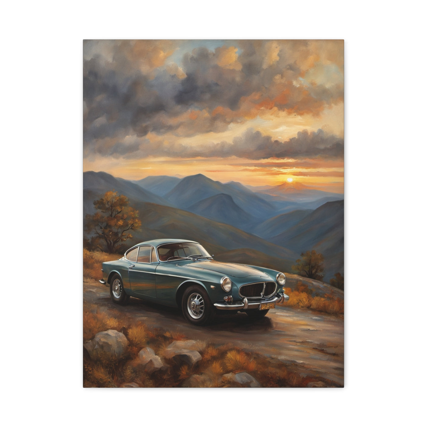 Vintage Car Landscape Canvas featuring a classic car against a scenic mountain backdrop at sunset
