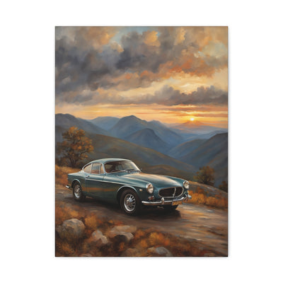 Vintage Car Landscape Canvas featuring a classic car against a scenic mountain backdrop at sunset