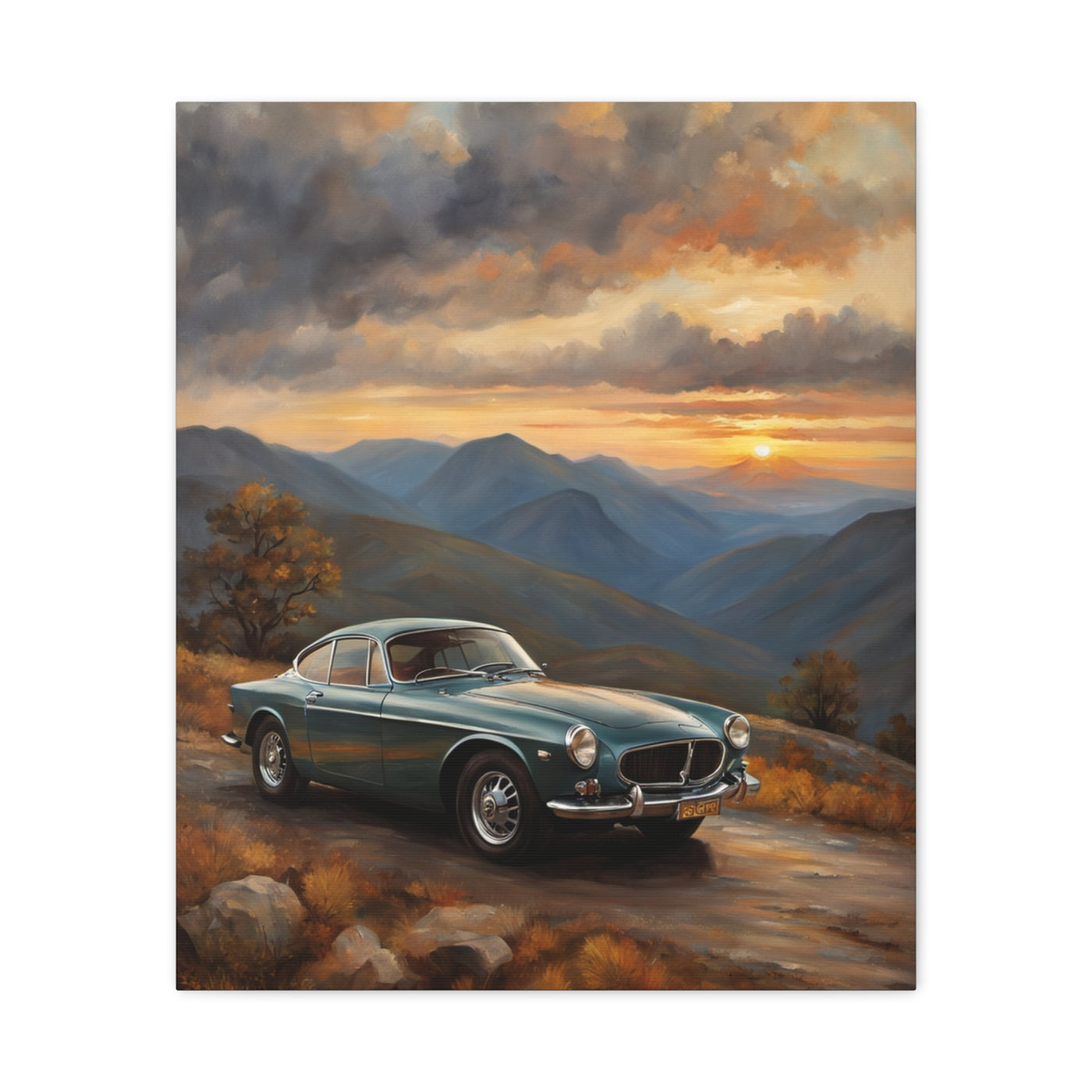 Vintage Car Landscape Canvas featuring a classic car against a scenic mountain sunset