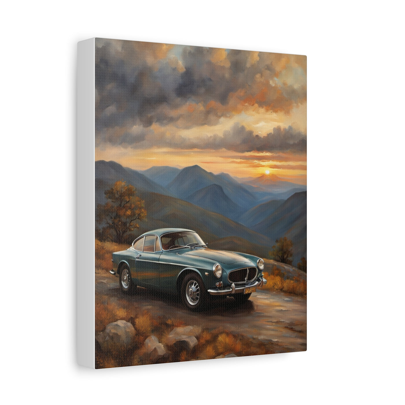 Vintage Car Landscape Canvas featuring a classic car against a scenic mountain sunset backdrop