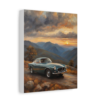 Vintage Car Landscape Canvas featuring a classic car against a scenic mountain sunset backdrop