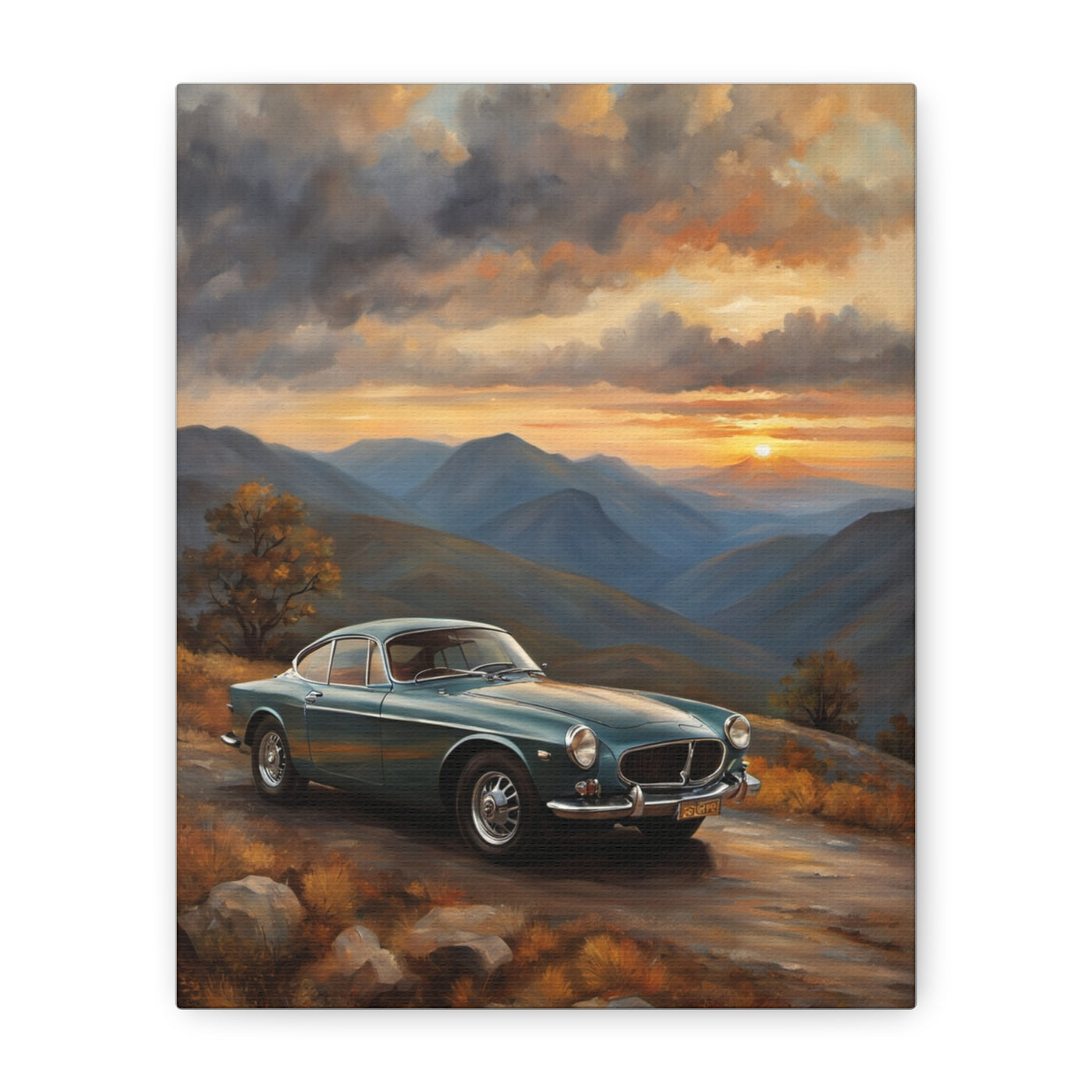 Vintage Car Landscape Canvas featuring a classic green car against a scenic mountain sunset
