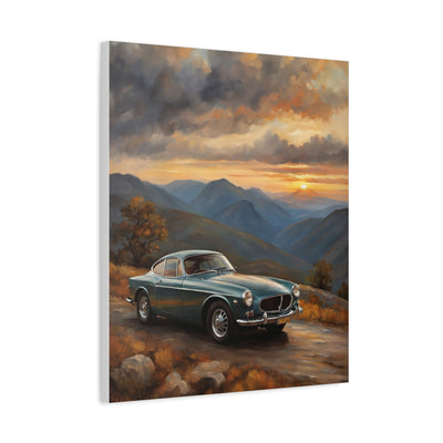 Vintage Car Landscape Canvas featuring a retro car on a scenic mountain road at sunset