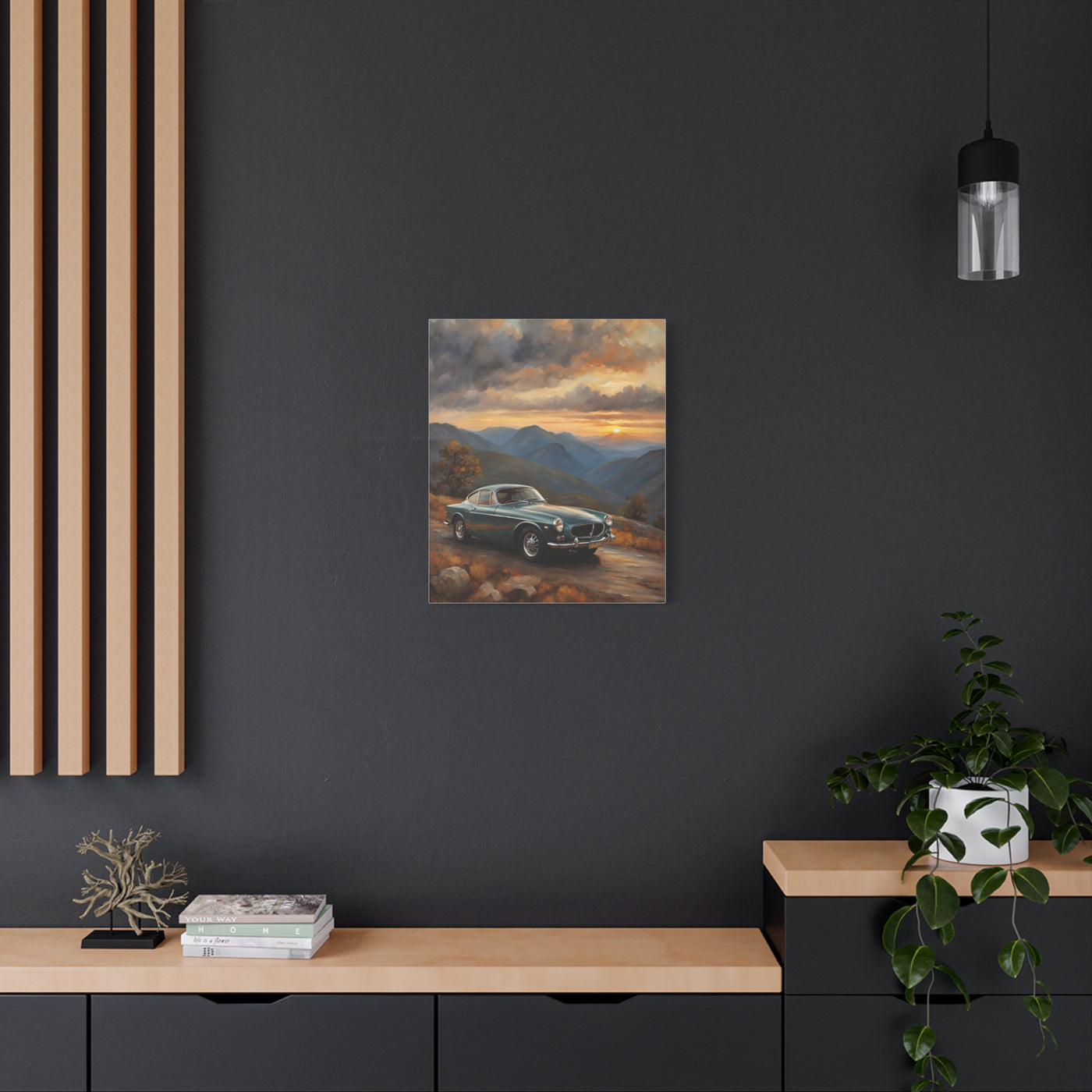 Vintage Car Landscape Canvas featuring a old car against a scenic mountain backdrop