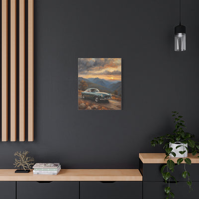 Vintage Car Landscape Canvas featuring a old car against a scenic mountain backdrop