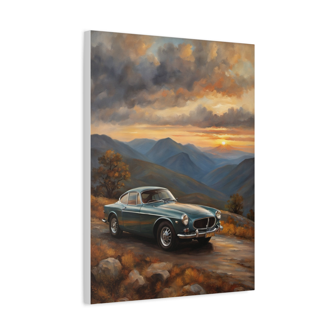 Vintage Car Landscape Canvas featuring a vintage car against a scenic mountain sunset