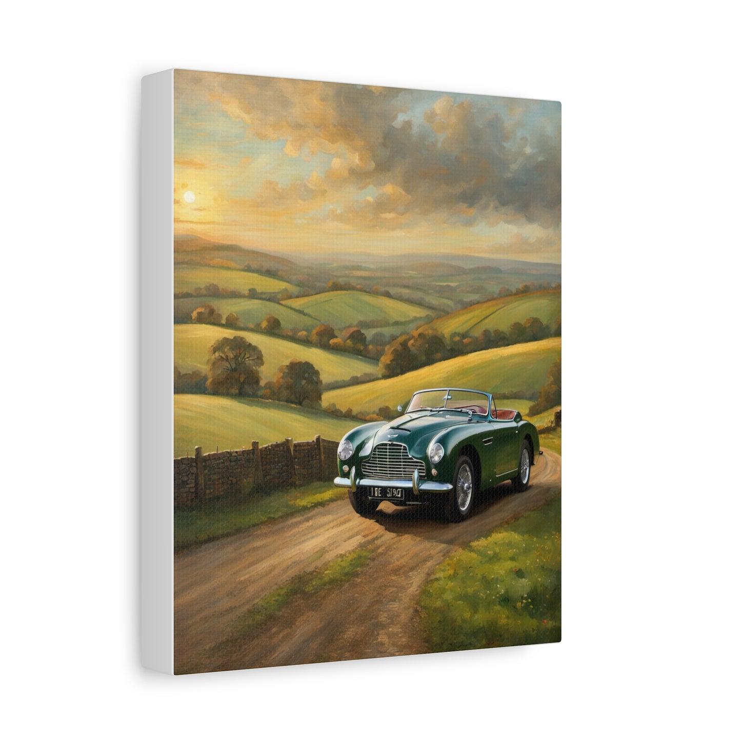Vintage Car Landscape Canvas featuring a classic car on a scenic countryside road at sunset