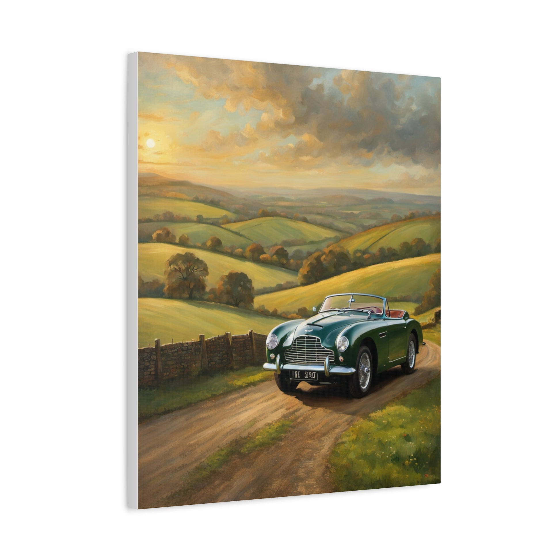 Vintage Car Landscape Canvas featuring a classic green car on a scenic country road at sunset