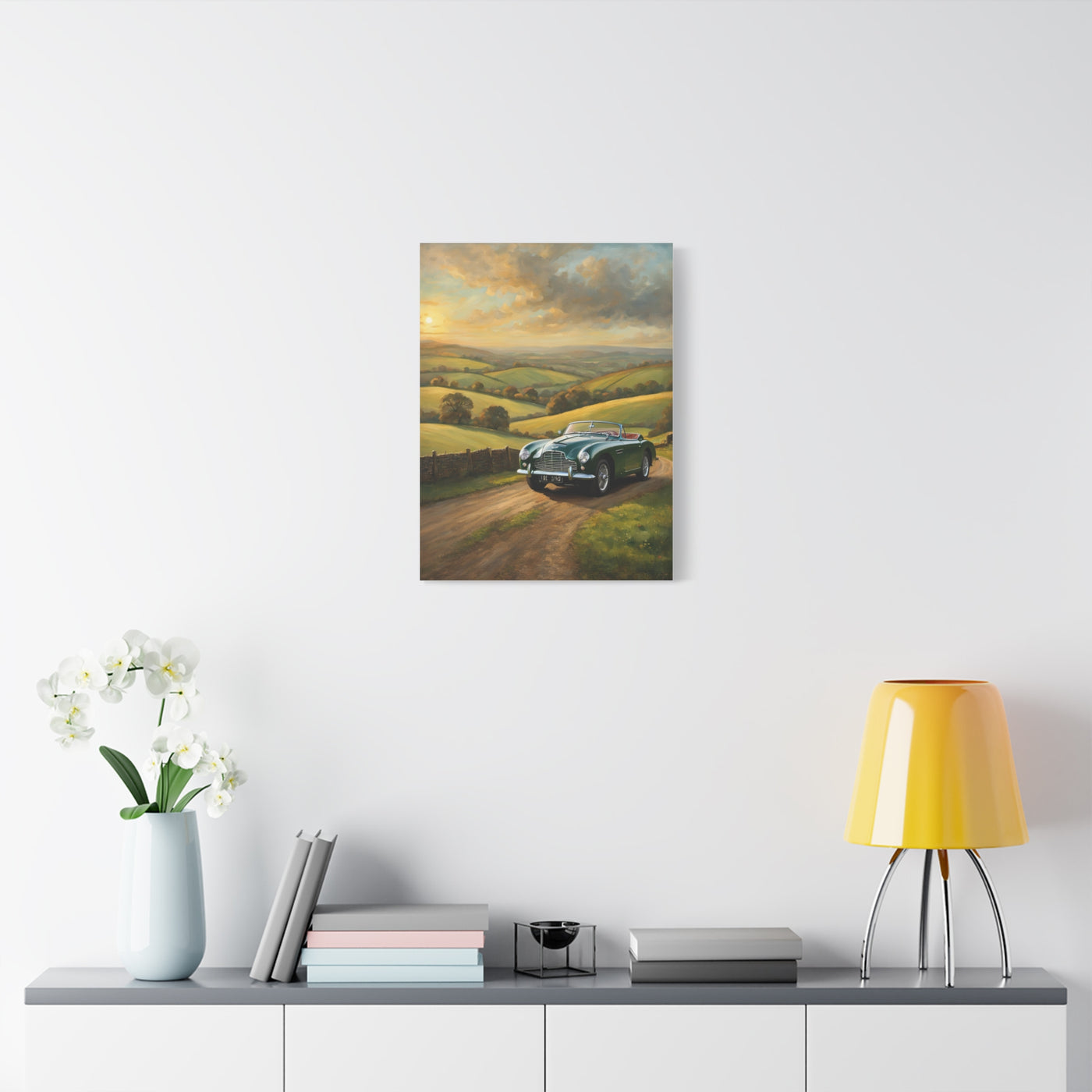 Vintage Car Landscape Canvas depicting a classic car on a scenic countryside road