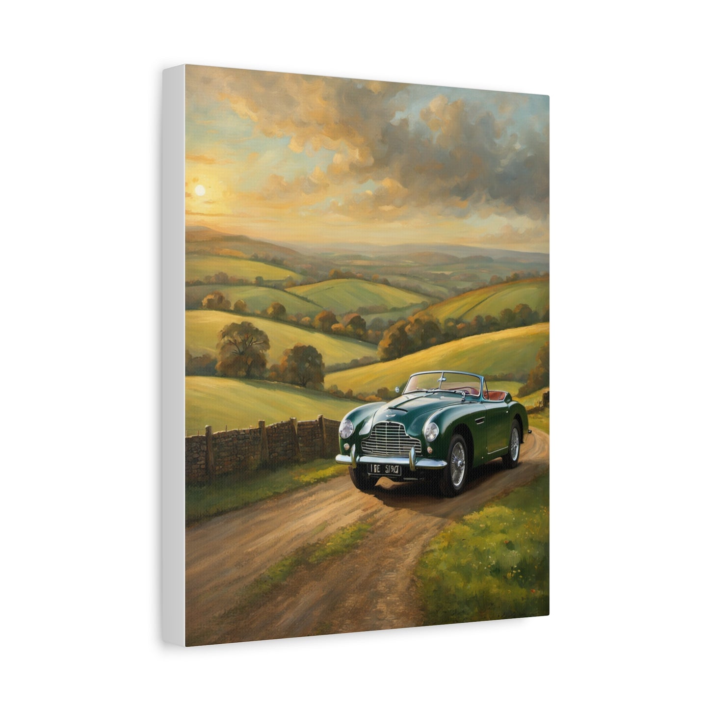 Vintage Car Landscape Canvas featuring a classic car on a scenic country road in vibrant colors