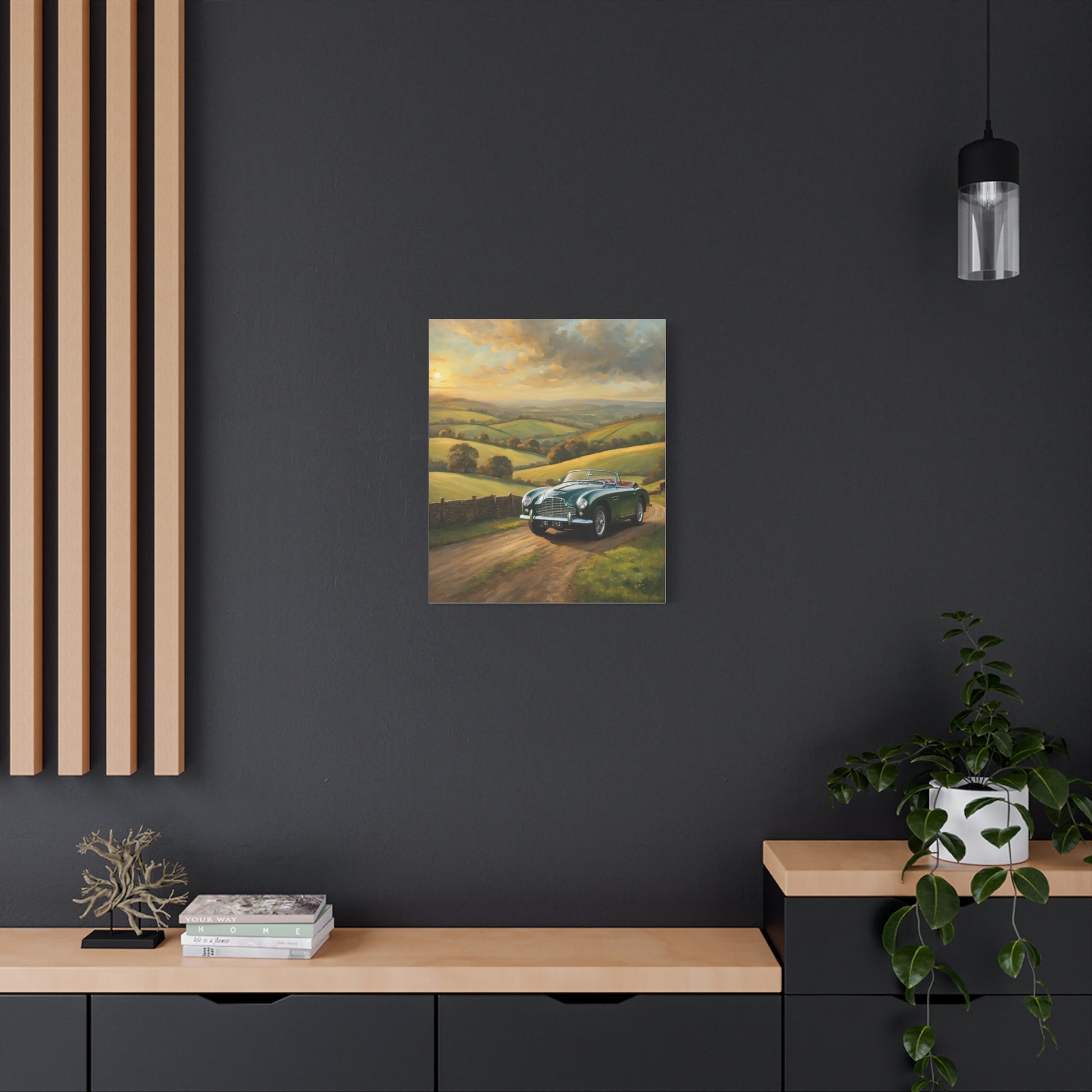 Vintage Car Landscape Canvas featuring a classic car on a scenic countryside road
