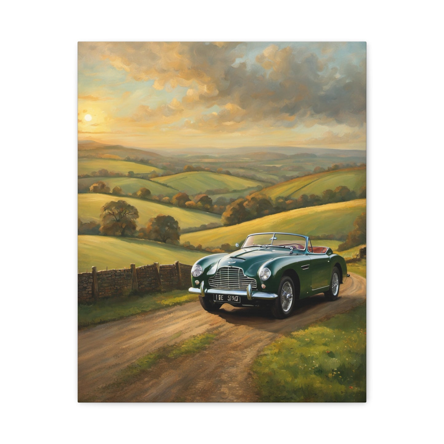 Vintage Car Landscape Canvas featuring a old green car on a scenic countryside road