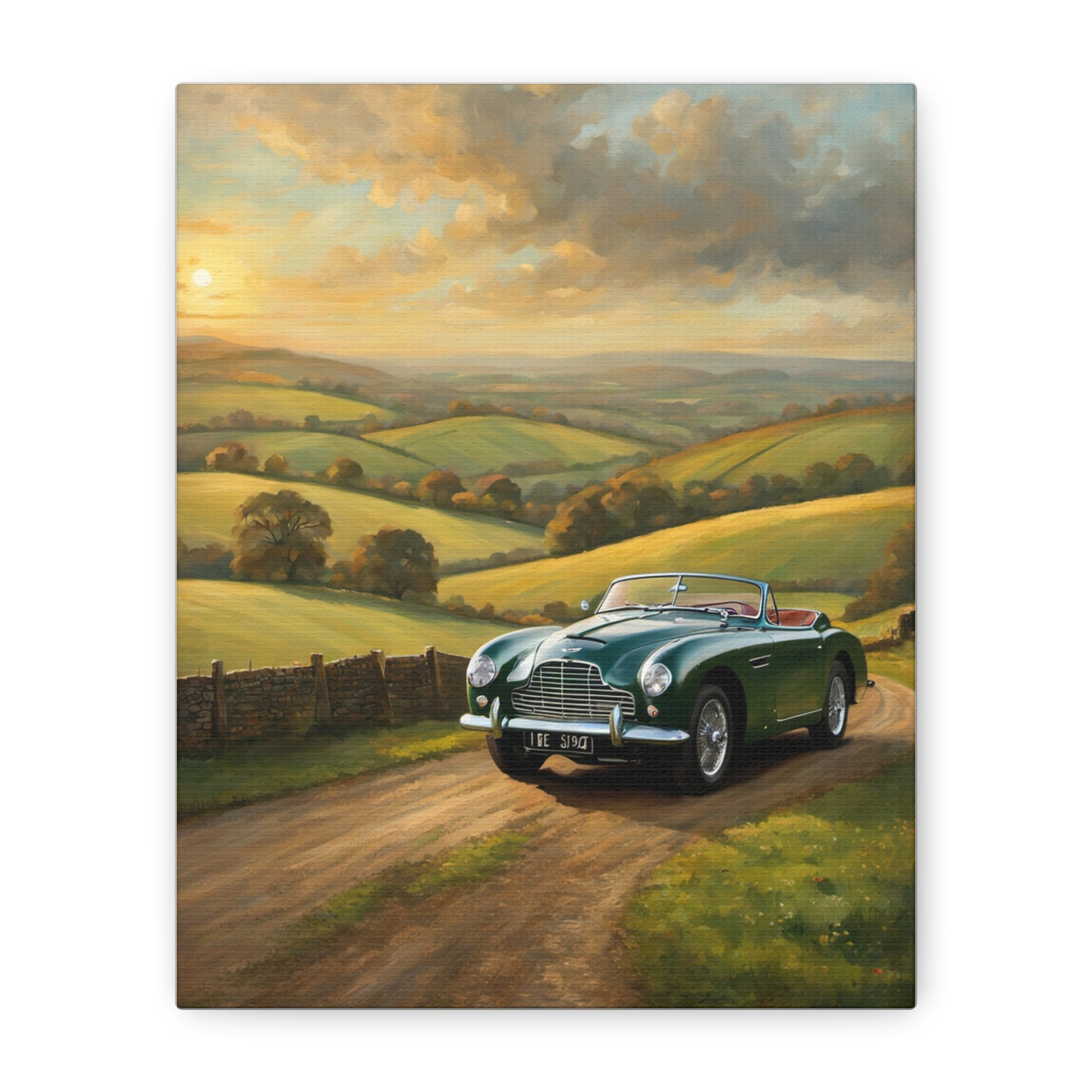 Vintage Car Landscape Canvas featuring a classic green car on a scenic countryside road