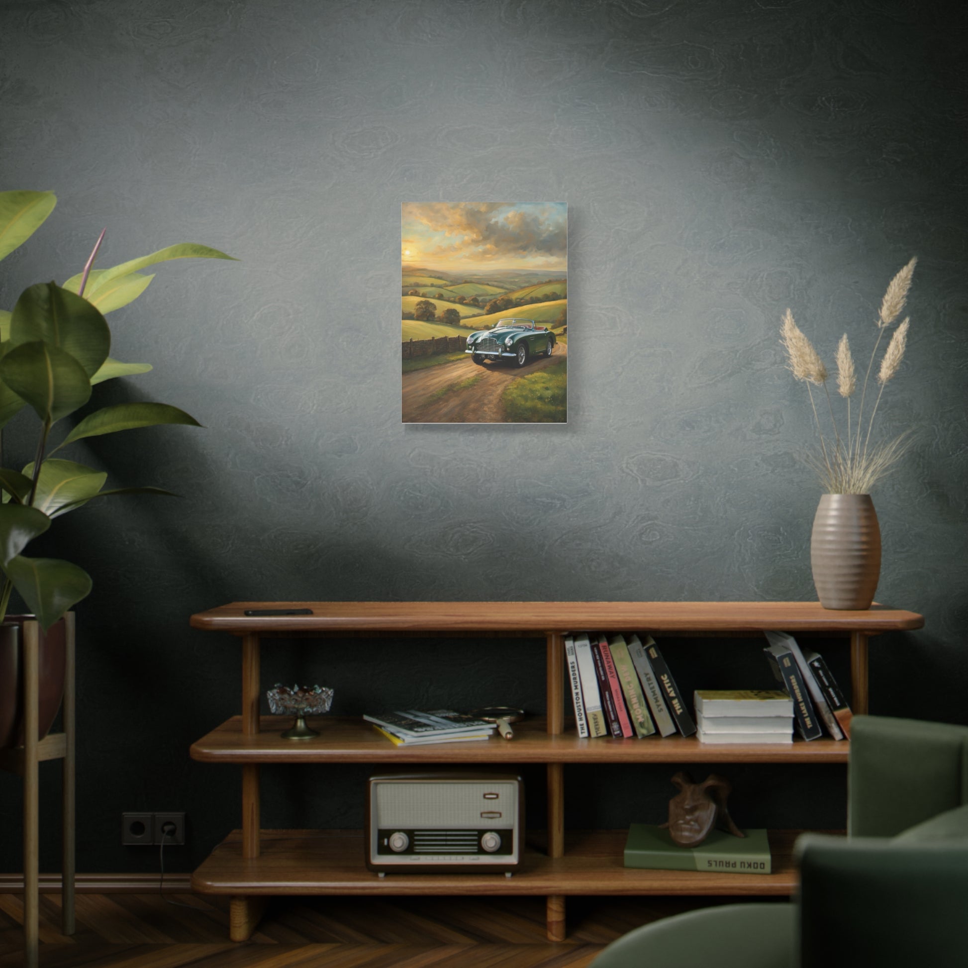 Vintage Car Landscape Canvas depicting a classic car on a scenic country road with lush green hills