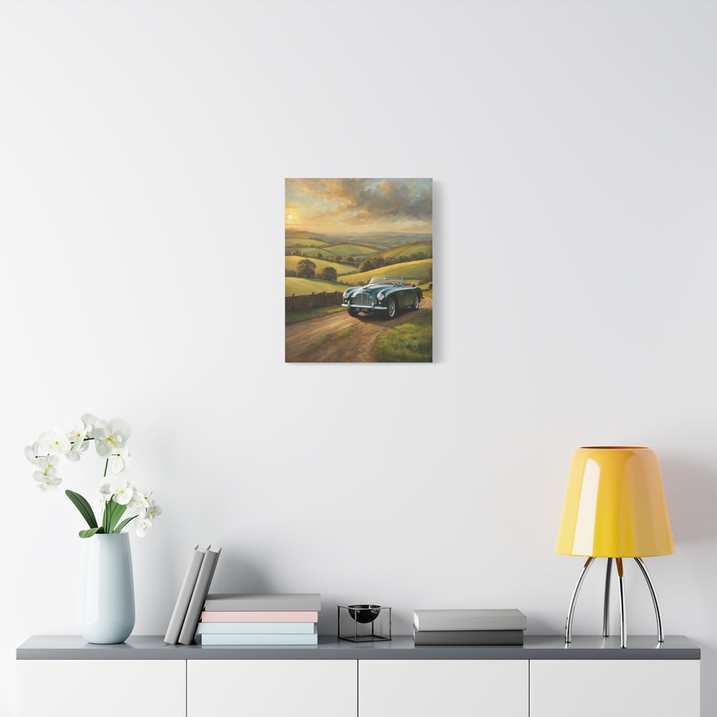 Vintage Car Landscape Canvas featuring a scenic landscape view with rolling hills